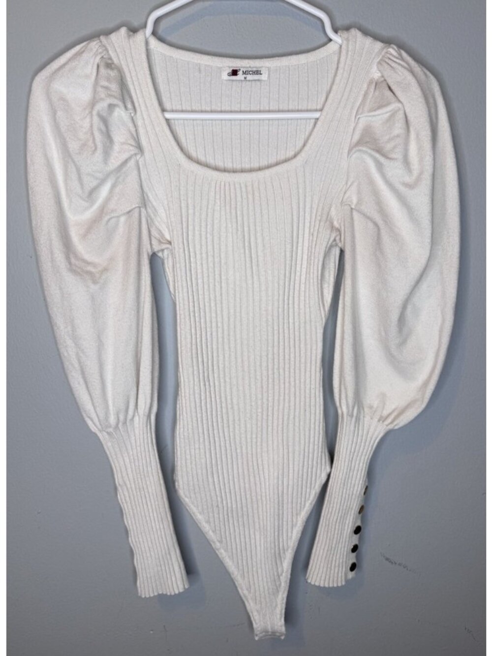 Michel Bodysuit Medium White Ribbed Puff Long Sleeve  Gold Button Viscose Blend